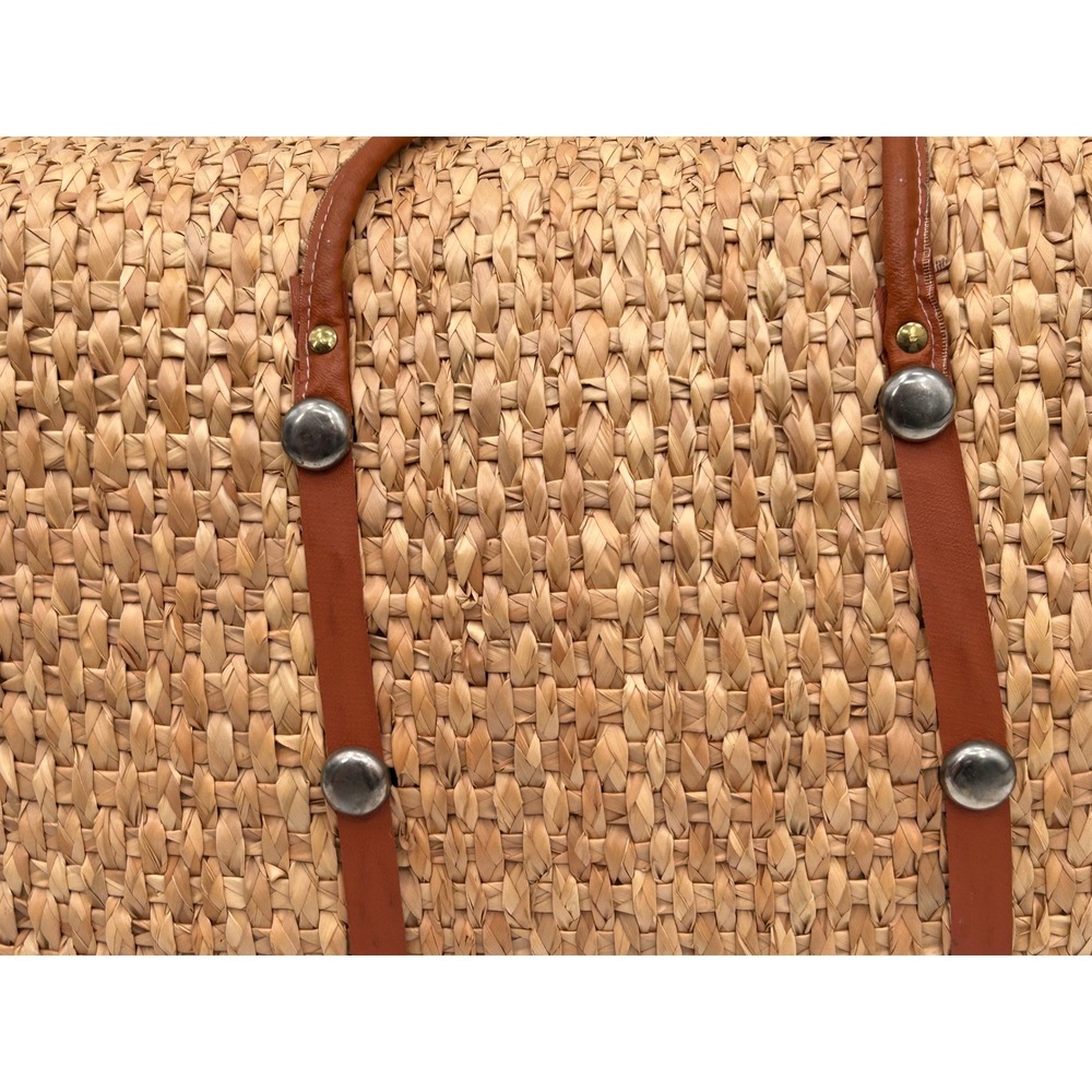 Vintage Woven Straw Floral Embroidered Satchel Bag Boho Cottagecore Natural Tan - Picture 9 of 11